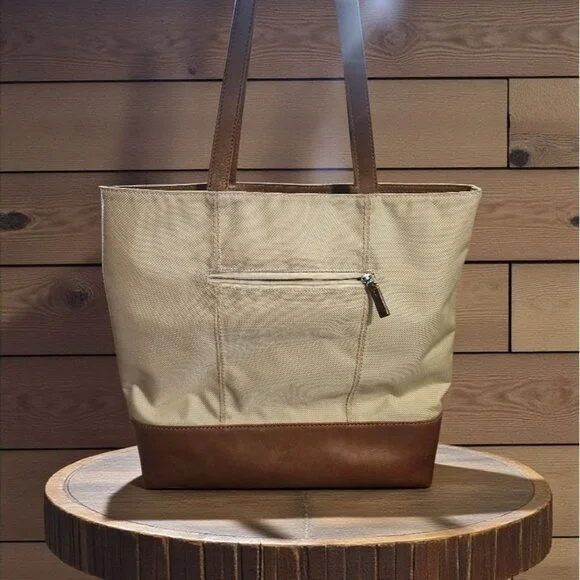 Tumi Beige Canvas & Brown Leather Tote Bag With Rear Zip Pocket And Handles - Picture 3 of 11